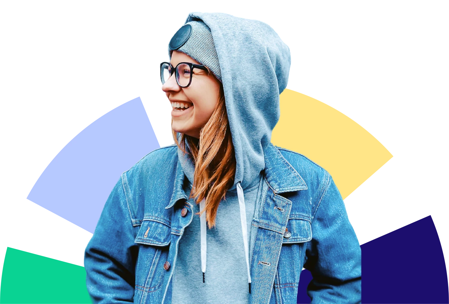 A pupil looking up from a questionnaire, cut out against the brand colours